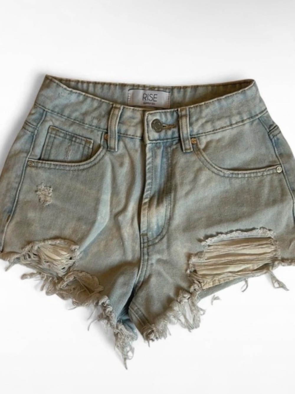 Light Blue Distressed High-Rise Denim Shorts